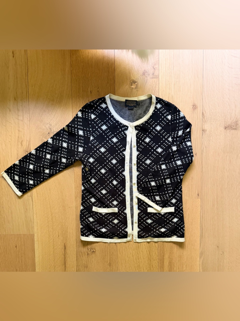 Pendleton Silk Cotton Cardigan Sweater Black White Geometric Button Front